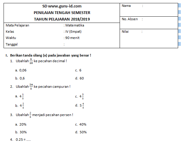 Persiapan Jitu Menuju Puncak Prestasi: Download Soal PTS Matematika Kelas 4 Semester 1 K13