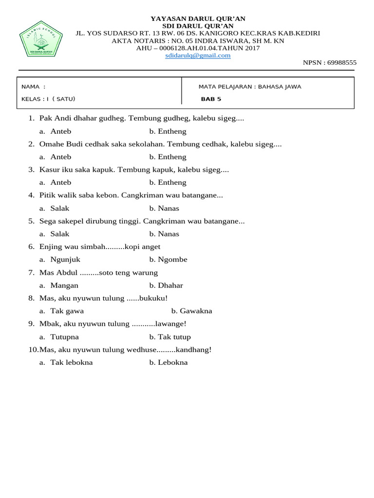 3 Fakta Soal UTS Bahasa Jawa Kelas 5 Semester 2 yang Jarang Diketahui