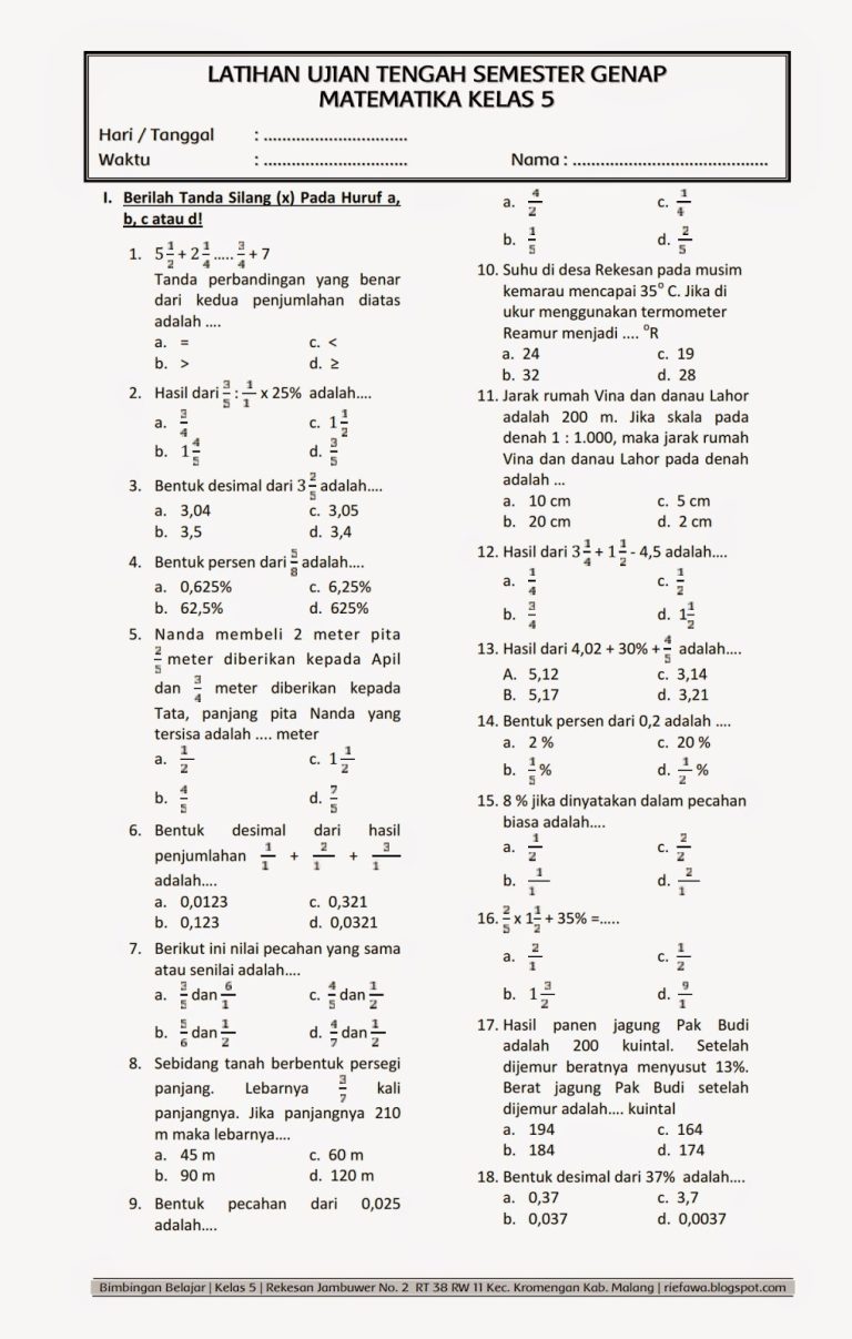 3 Rahasia Soal Matematika Kelas 5 Semester 1 dan Kunci Jawaban 2020 yang Wajib Diketahui