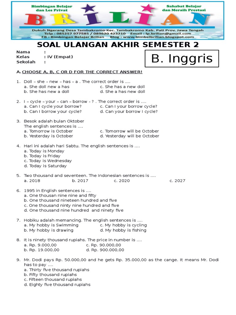5 Lembar Soal Bahasa Inggris Kelas 4 SD Semester 1 Siap Cetak – Wajib Dicoba!