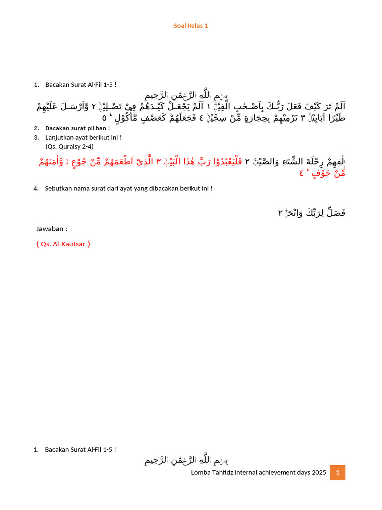 Soal Tahfidz Kelas 1 2025 PDF