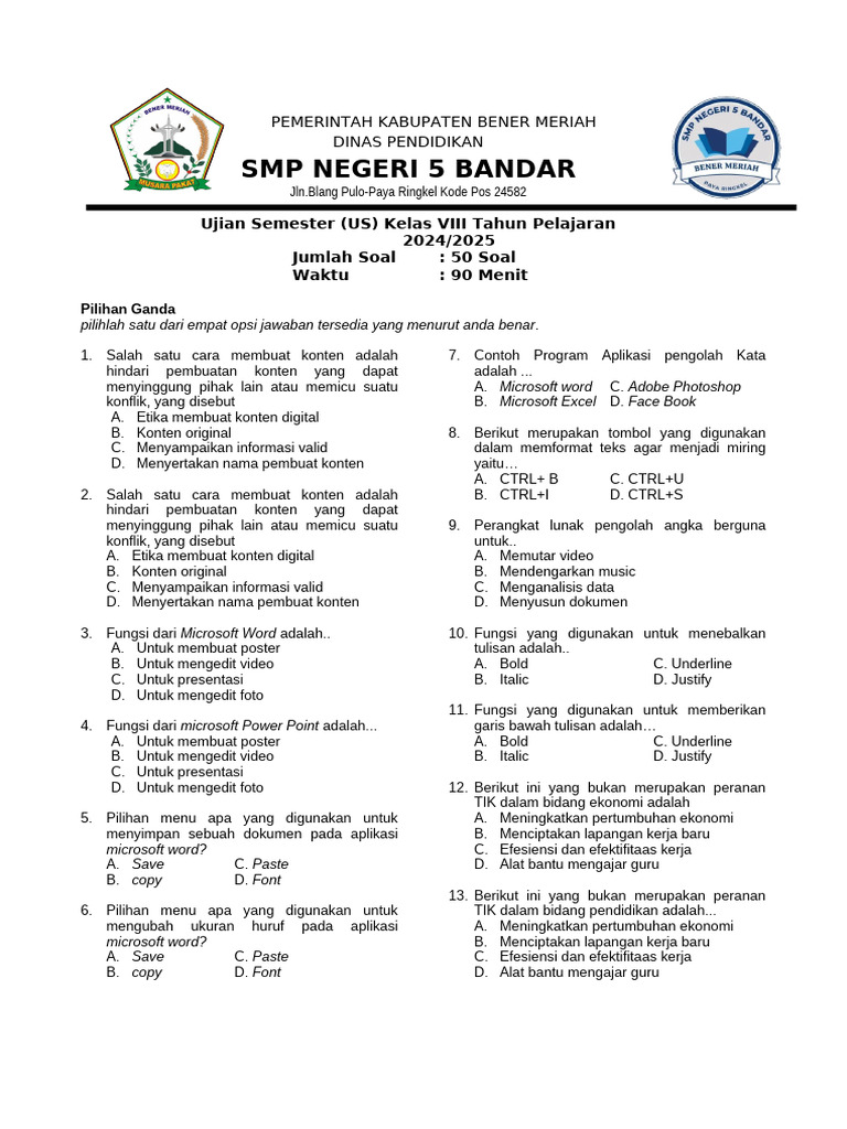 Soal TIK Kelas 8 PDF Soal TIK Kelas 8 PDF