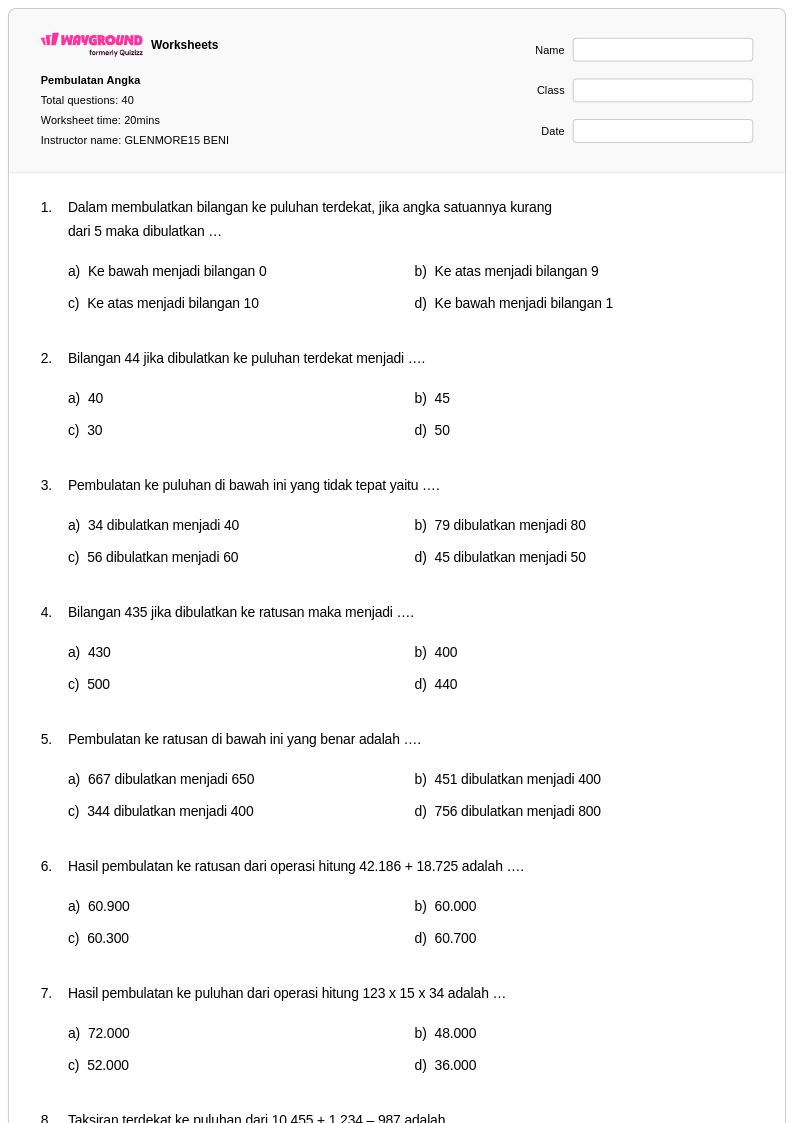 50 lembar kerja Pembulatan Angka untuk Kelas 4 di Wayground Gratis 50 lembar kerja Pembulatan Angka untuk Kelas 4 di Wayground Gratis