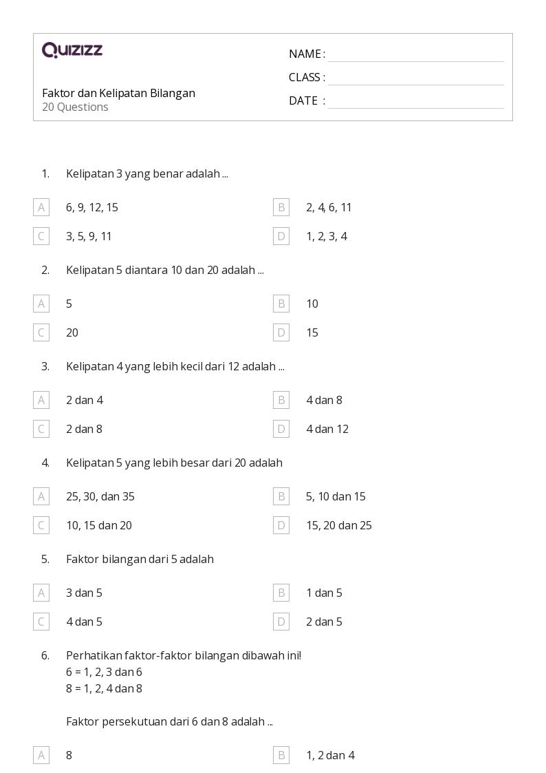 50 lembar kerja Bilangan Prima dan Komposit untuk Kelas 4 di Quizizz