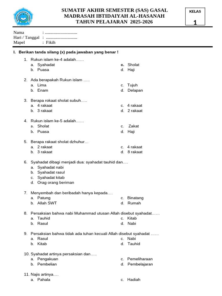 Soal Fikih Kelas 1 MI 2025-2026 PDF