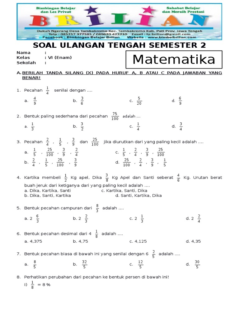 Panduan Lengkap Contoh Soal Ujian Semester 1 Matematika Kelas 2 SD