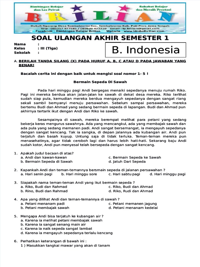 5 Contoh Soal Ujian Akhir Semester Kelas 3 Bahasa Indonesia yang Wajib Dikuasai Sebelum Terlambat