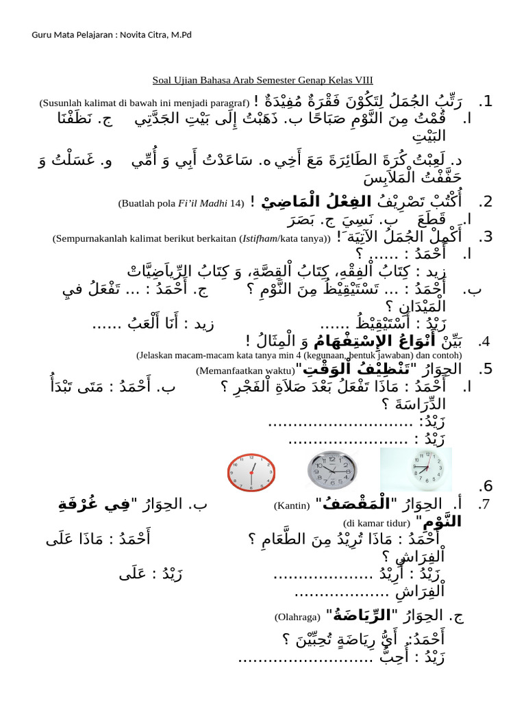 Soal Ujian Bahasa Arab Semester Genap Kelas VIII PDF