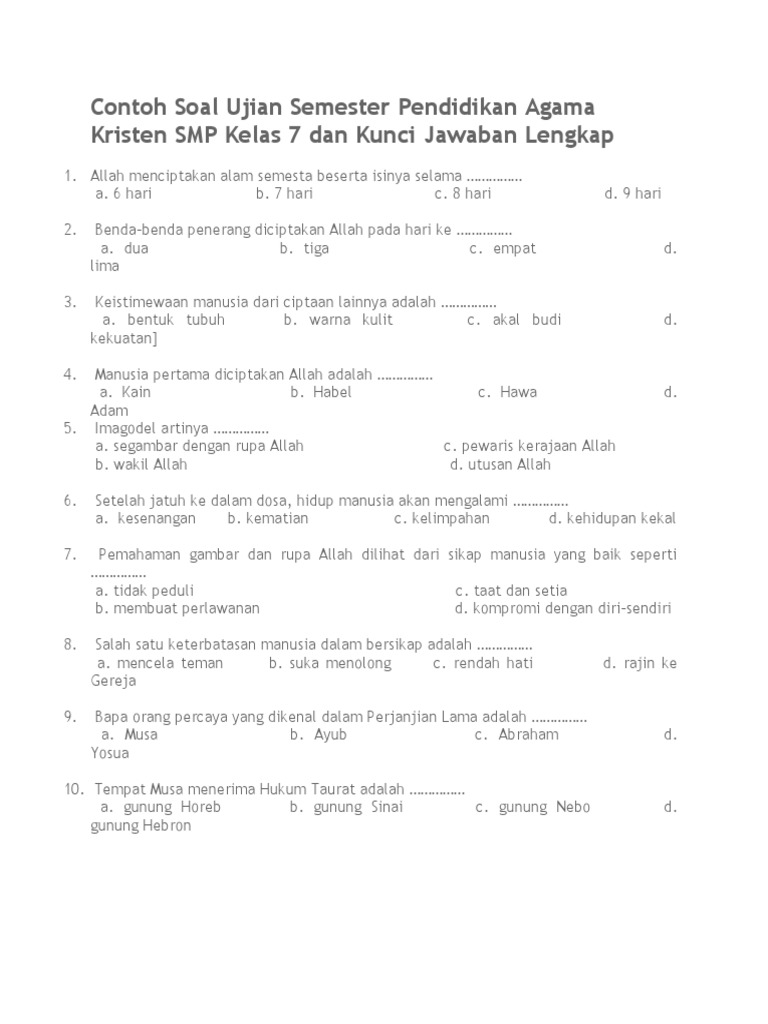 UJIAN SEMESTER GANJIL AGAMA KRISTEN KELAS 6 SD