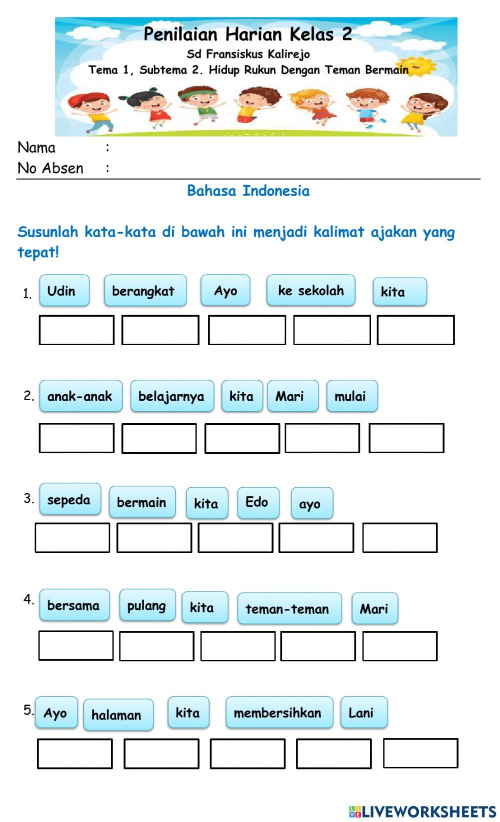 Melengkapi Kalimat Indonesia Worksheet For Grade 1 Materi Guru - Free