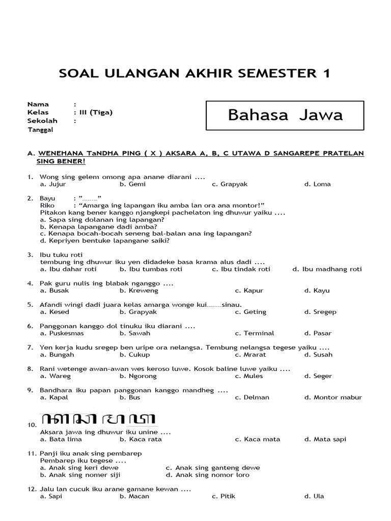 Inilah 15 Contoh Soal Ujian Akhir Semester Kelas 3 Bahasa Jawa Ternyata Mudah Dikuasai