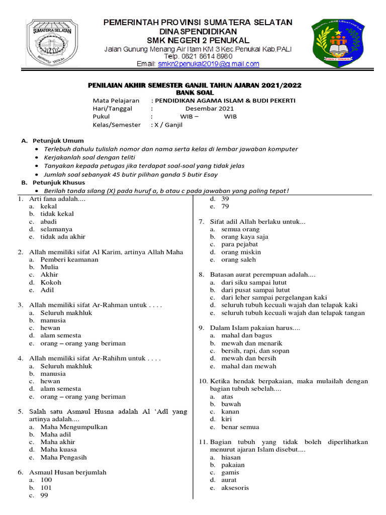 Soal UAS Agama Islam Kelas 10 PDF Soal UAS Agama Islam Kelas 10 PDF