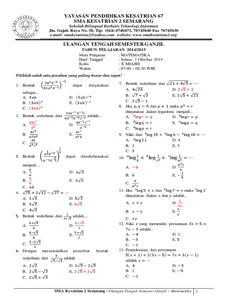contoh soal matematikka peminatan kelas 10 smester 2