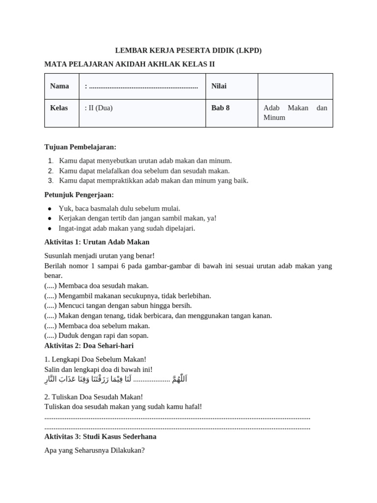 LKPD Adab Makan Kelas II Akidah Akhlak PDF LKPD Adab Makan Kelas II Akidah Akhlak PDF