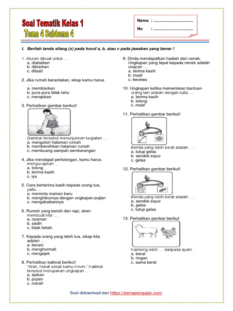 Gratis! free soal soal bupena tematik kelas 1 tema 4.pdf Bantu Anak Sukses Sebelum Ujian