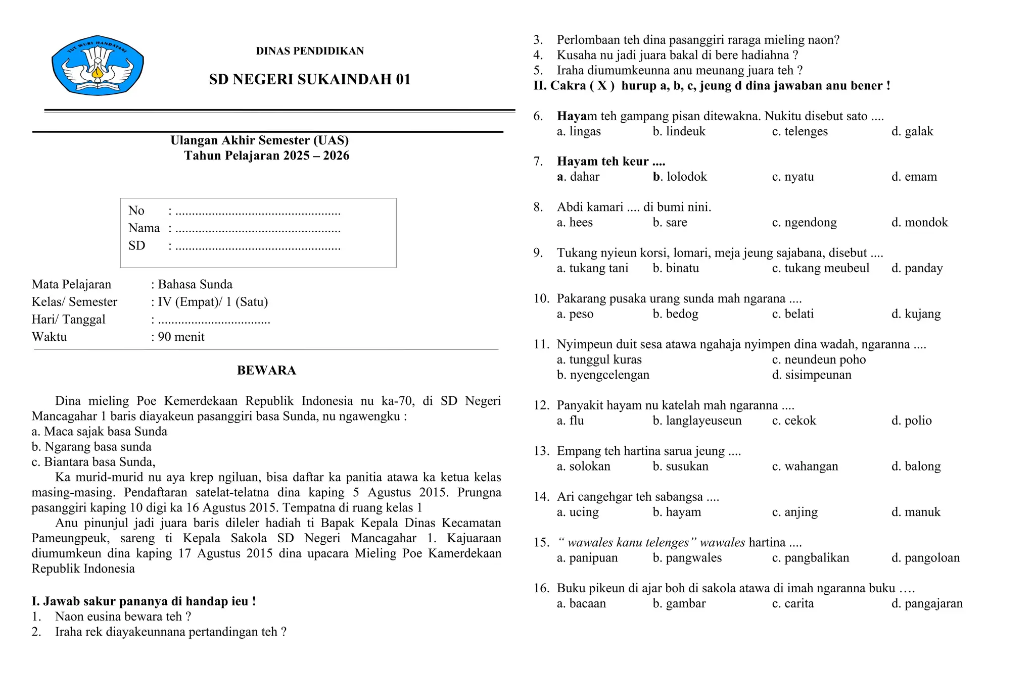 Wajib Tahu! Ini Bocoran soal UAS Bahasa Sunda Kelas 4 Semester 1 Terbaru